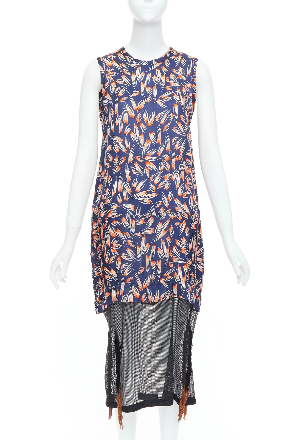 TOGA ARCHIVES orange navy tropical print sheer fringe hem dress FR36 S