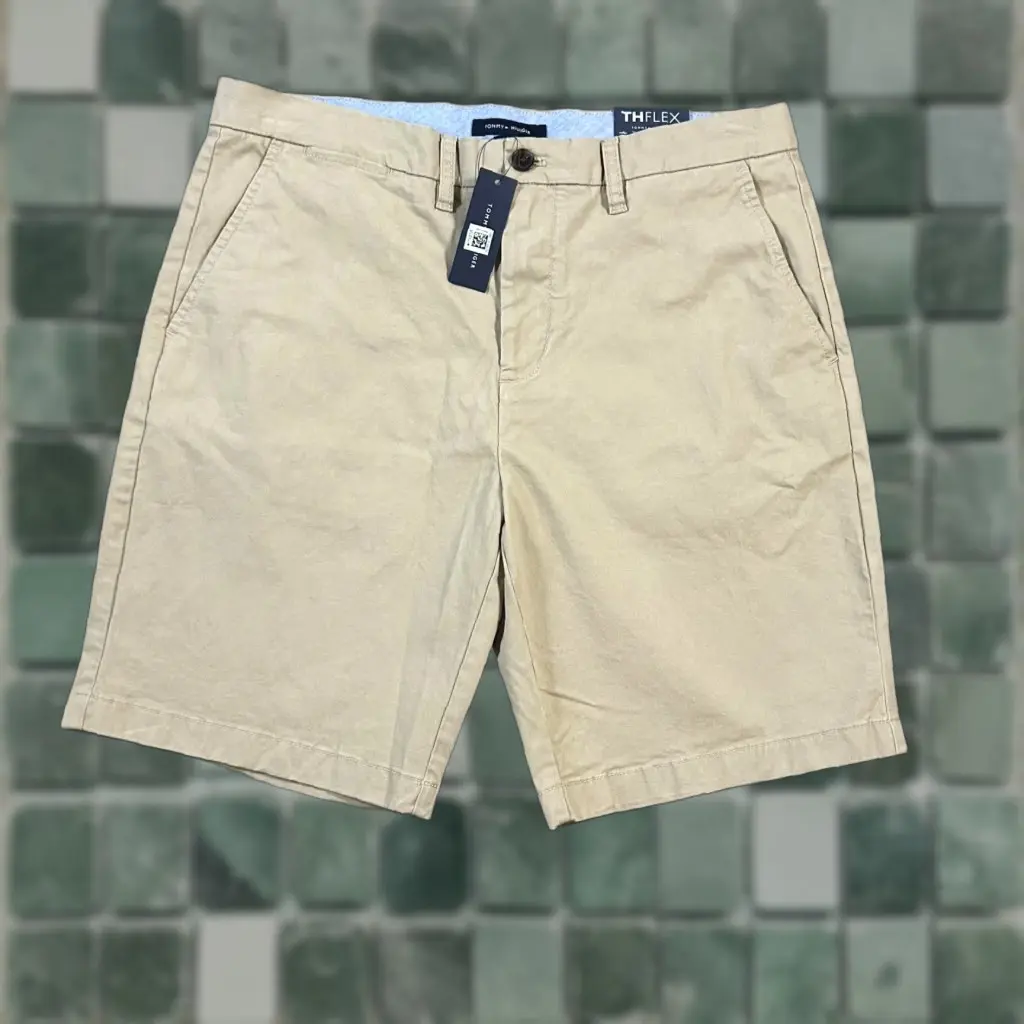 VINTAGE Tommy Hilfiger Mens Chino Shorts 34 Regular Fit Summer Beige Cotton 9" Stretch