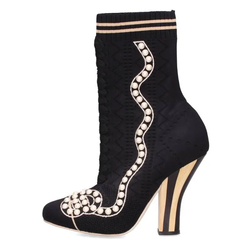 Fendi Rococo Pearl Sock Heel Boots Navy Size 38