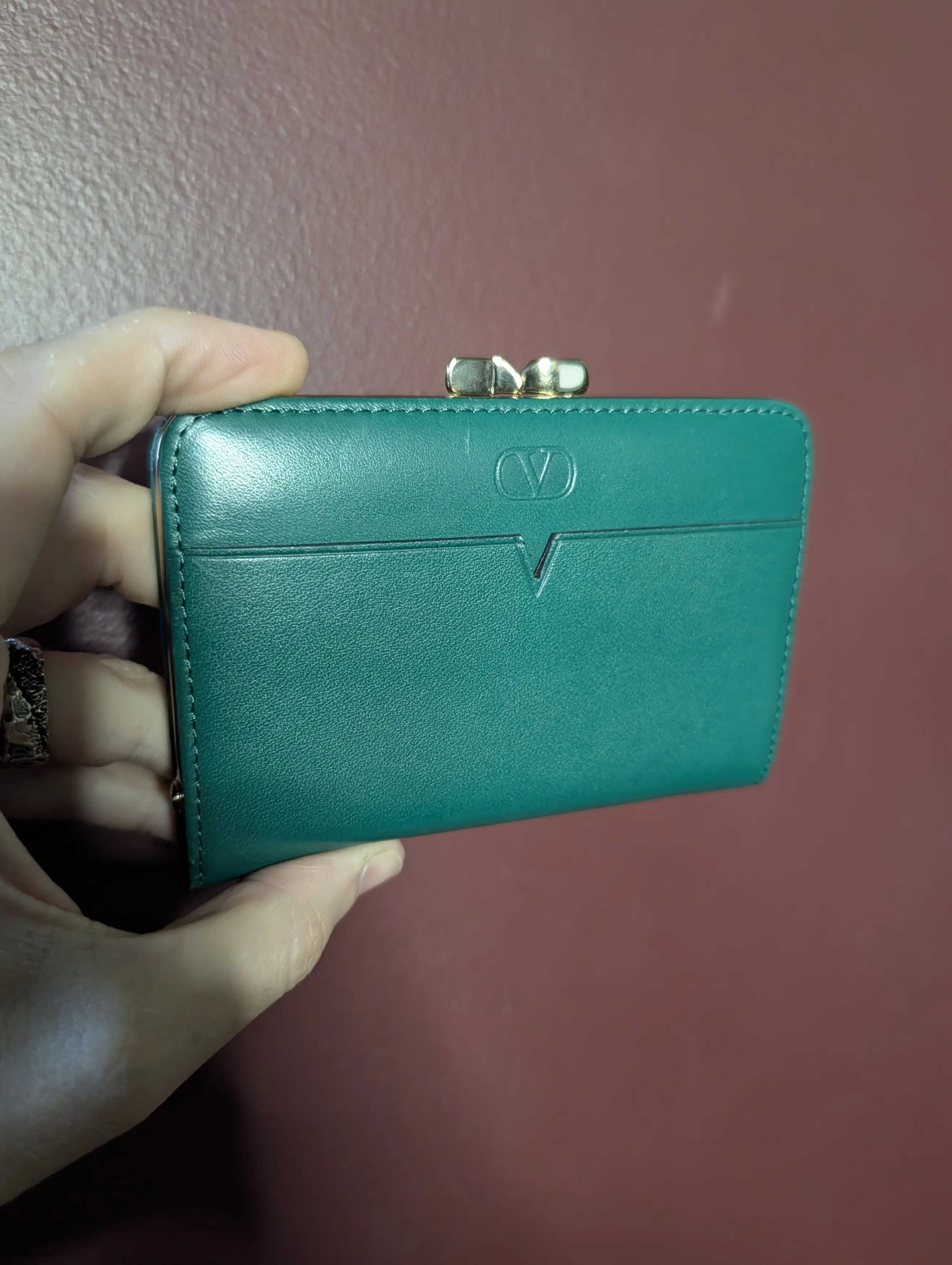VALENTINO Sea Green Leather V Logo Coin Wallet